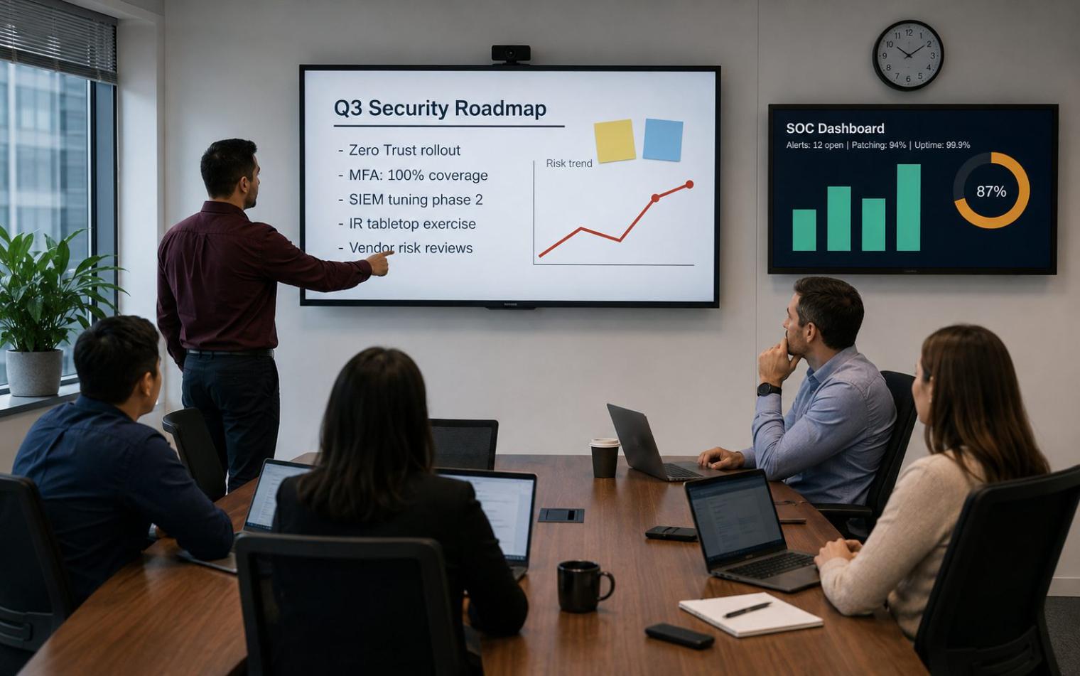 CyberNest Secure consultants presenting a quarterly security roadmap to a client leadership team